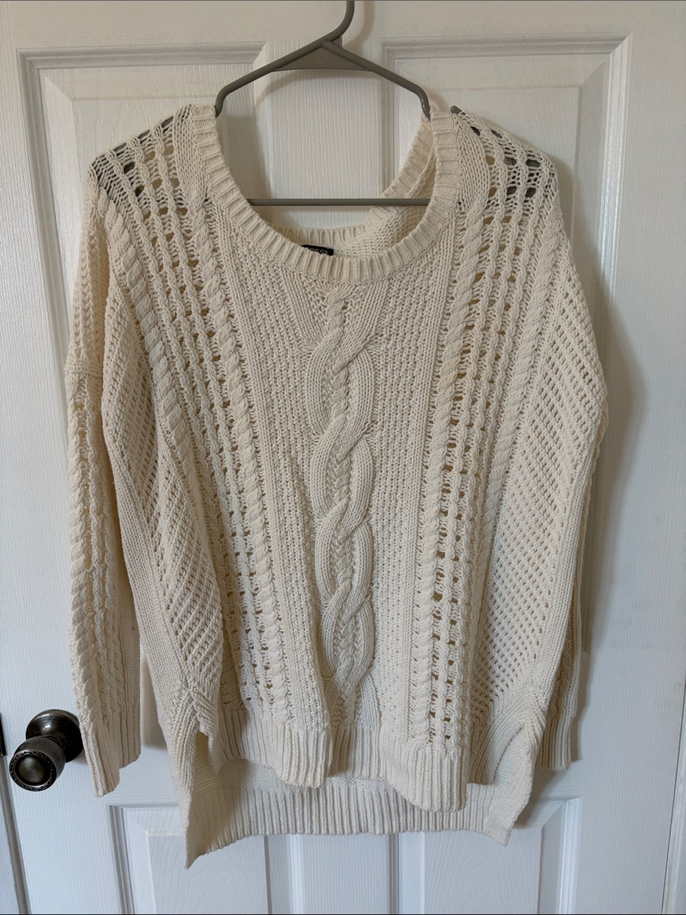 Express Cream Open-Stitch Cable Crewneck Sweater